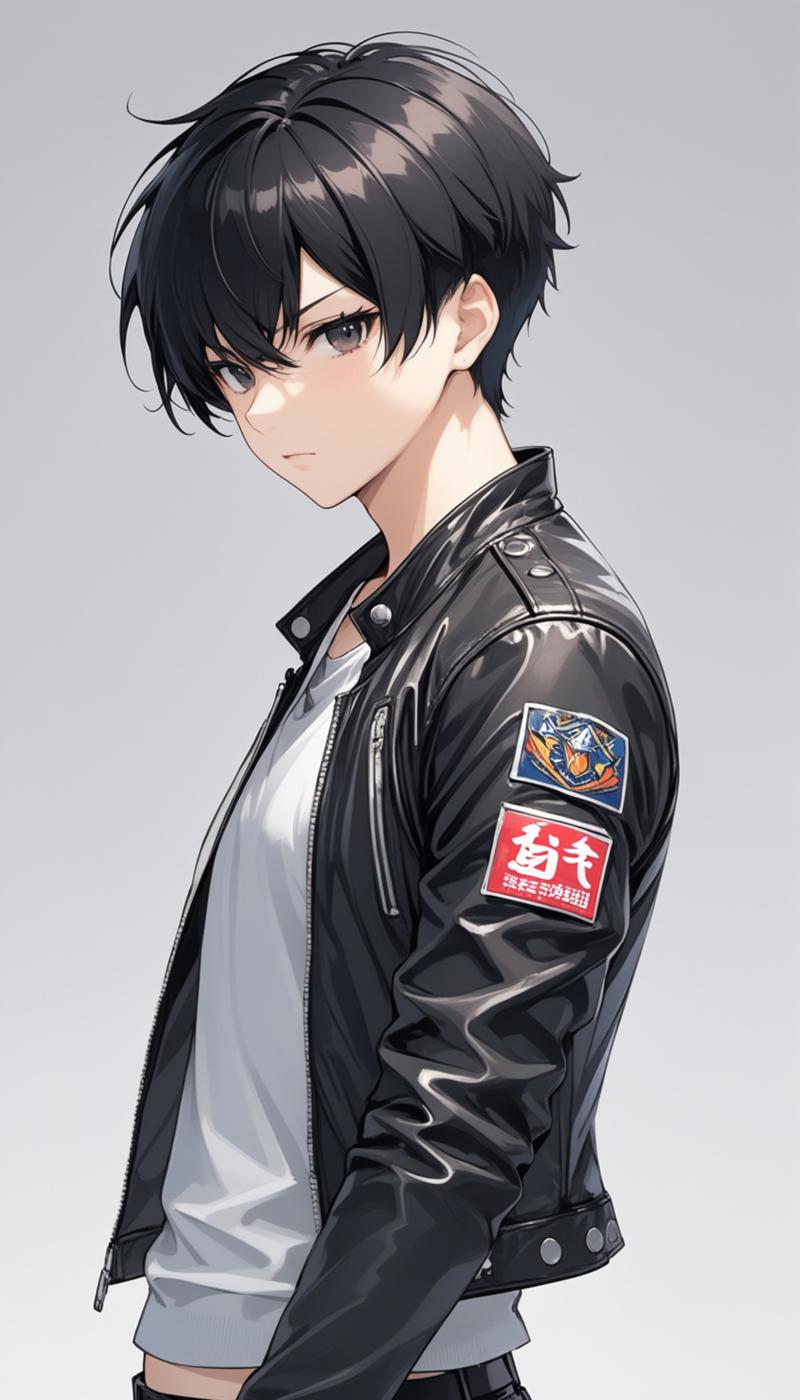 1boy, black hair, white background, short cut hair, leather jacket, tshirt, upper body, detailed sha XL 0.jpg